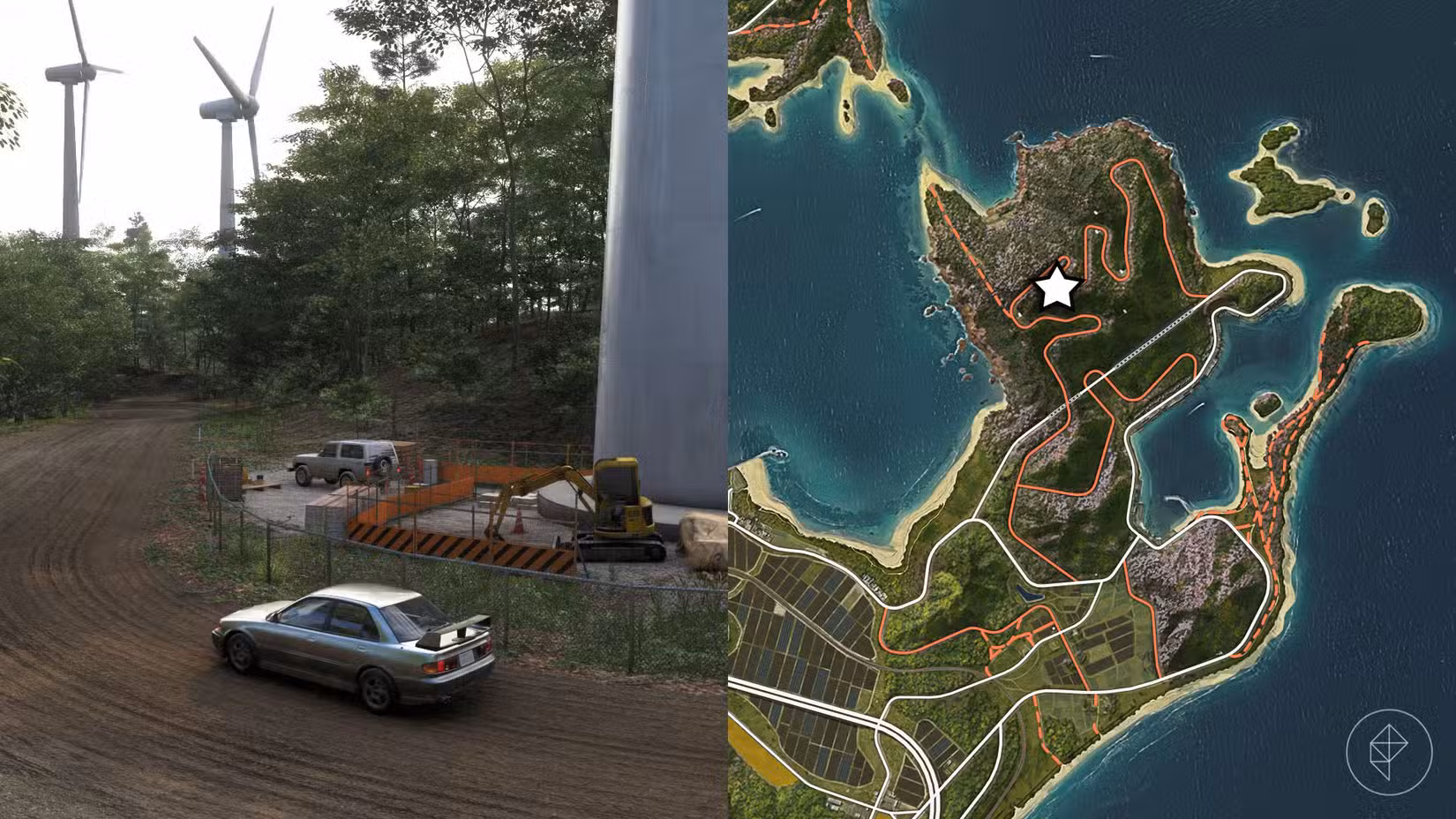 A localização do carro-tesouro Safari Turbo marcado no mapa do Forza Horizon 6 com uma estrela.