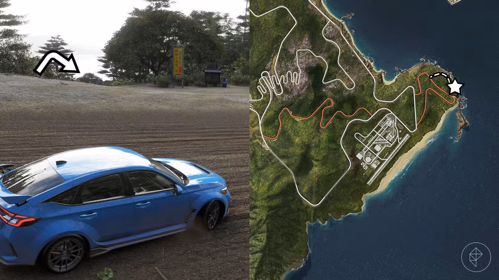 A localização do carro-tesouro Ford GT marcado no mapa do Forza Horizon 6 com uma estrela.