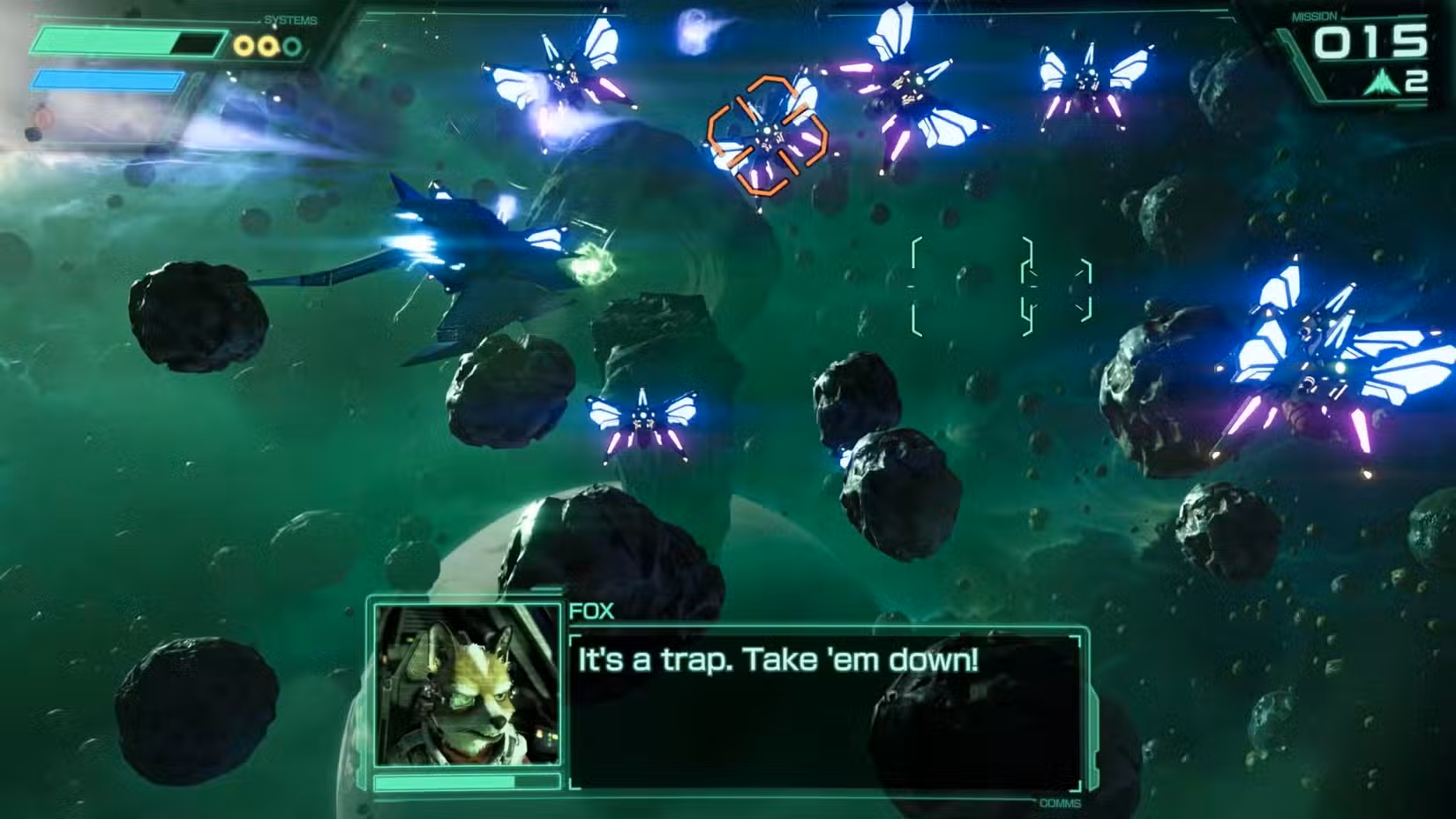 Fox McCloud travando em um inimigo em forma de borboleta em Star Fox