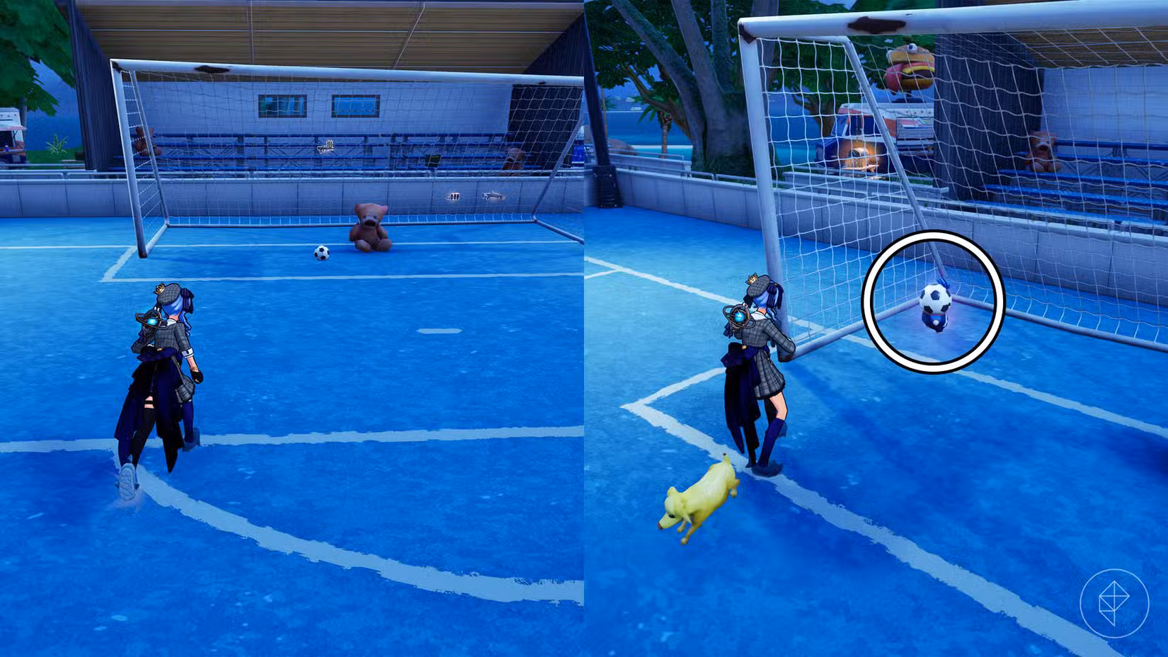Um personagem de Fortnite chutando uma bola de futebol para o gol, transformando-a em um Striker Sprite.