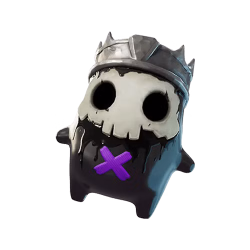 Um King Sprite, uma criatura negra com máscara de caveira e coroa, de Fortnite.