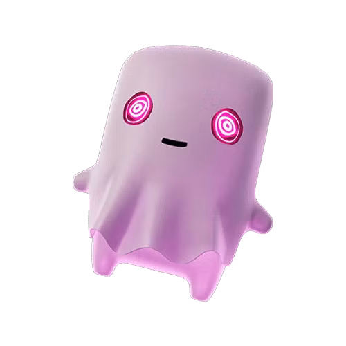 Um Ghost Sprite, uma criatura rosa usando um cobertor na cabeça, de Fortnite.