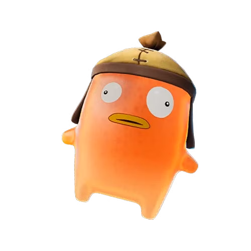 Um Fishy Sprite, uma criatura laranja com cara de peixe e chapéu, de Fortnite.