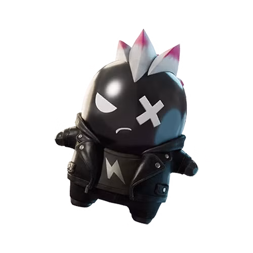 Um Punk Sprite, uma criatura preta com um moicano e uma jaqueta de couro, de Fortnite.