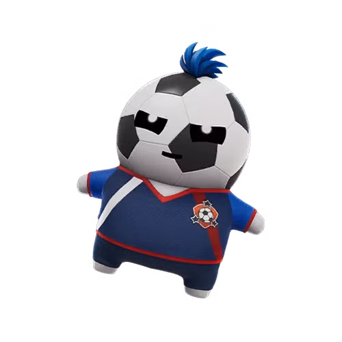 Um Striker Sprite, uma criatura com uma bola de futebol como cabeça e vestindo um kit de futebol, de Fortnite.