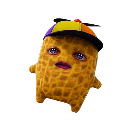 Um Burnt Peanut Sprite, uma criatura com pele de amendoim e chapéu de hélice, de Fortnite.