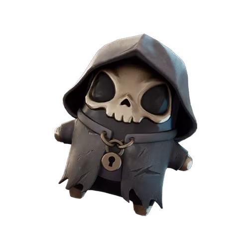 Um Grim Reaper Sprite, uma criatura usando uma máscara de caveira e uma capa preta, de Fortnite.