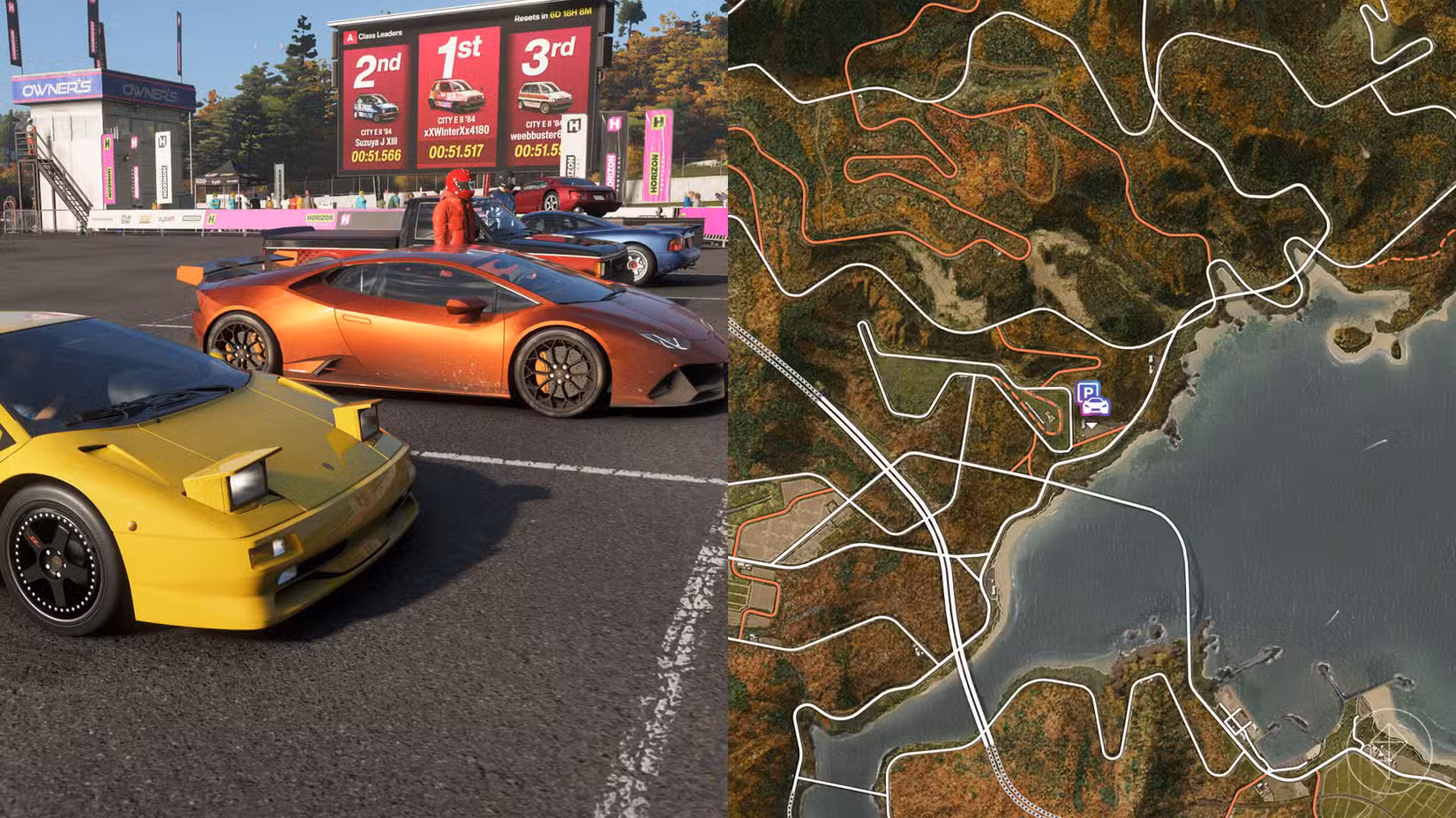 Carros em um estacionamento no Forza Horizon 6.