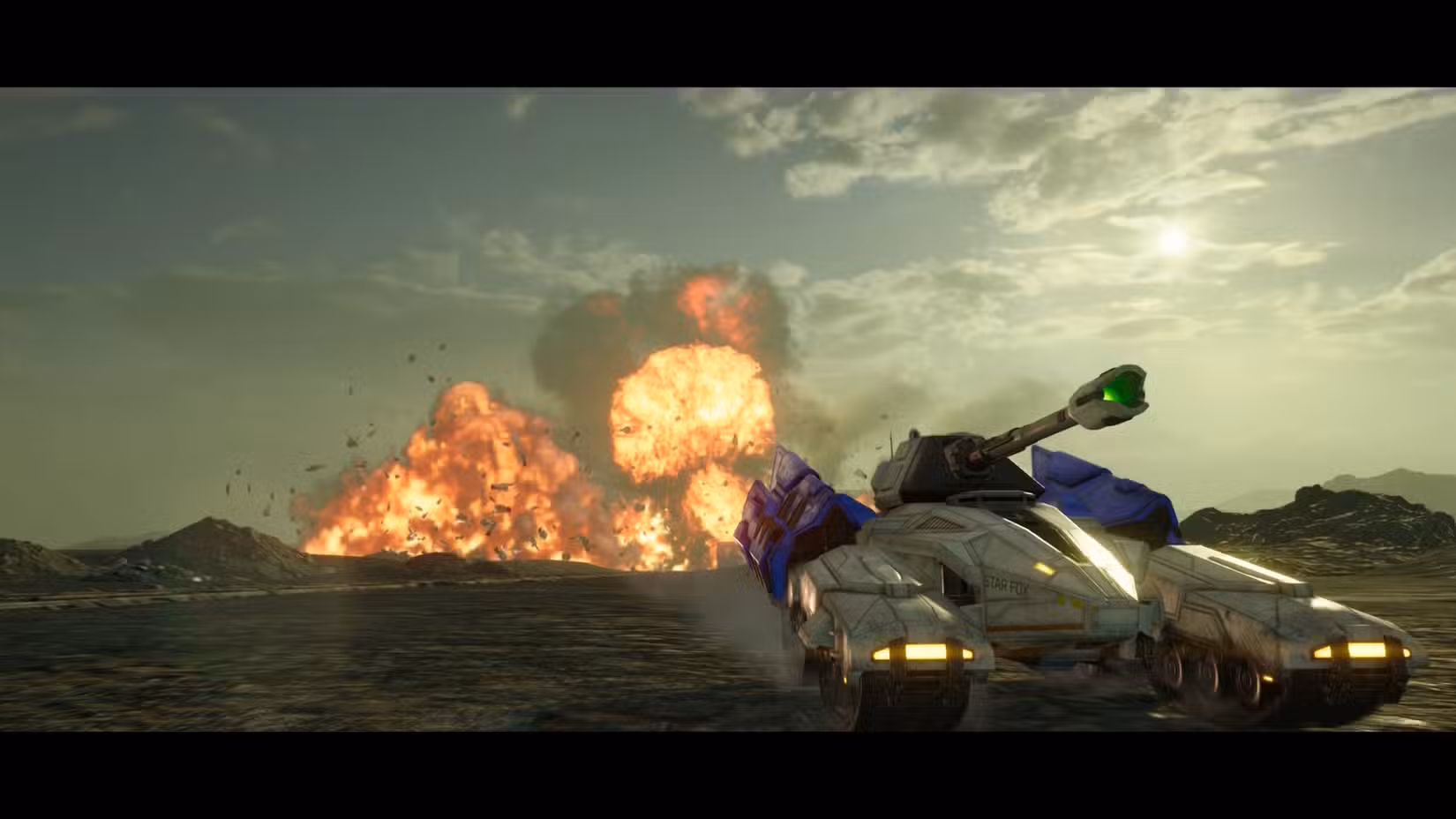 Um Landmaster saindo de uma fábrica em explosão em Star Fox