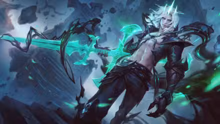 A arte inicial de Viego, o Rei Destruído de League of Legends, apresentando um homem sem camisa, vestindo calças pretas e uma armadura preta nos ombros, segurando uma enorme espada verde brilhante