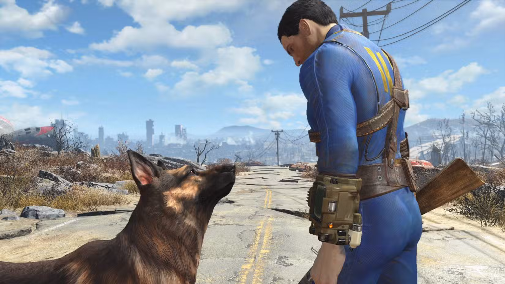 O andarilho e Dogmeat na estrada em Fallout 4.