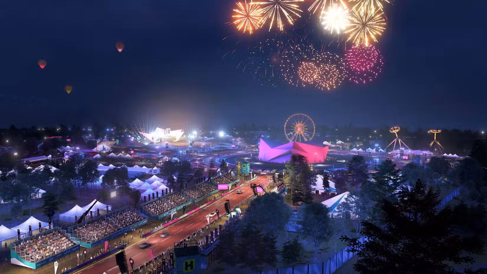 O local do festival com fogos de artifício no céu noturno em Forza Horizon 6.