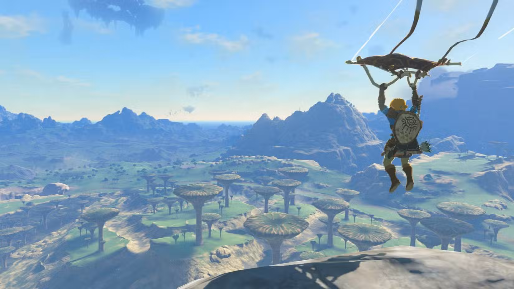 Link deslizando bem acima do solo em Tears of the Kingdom.