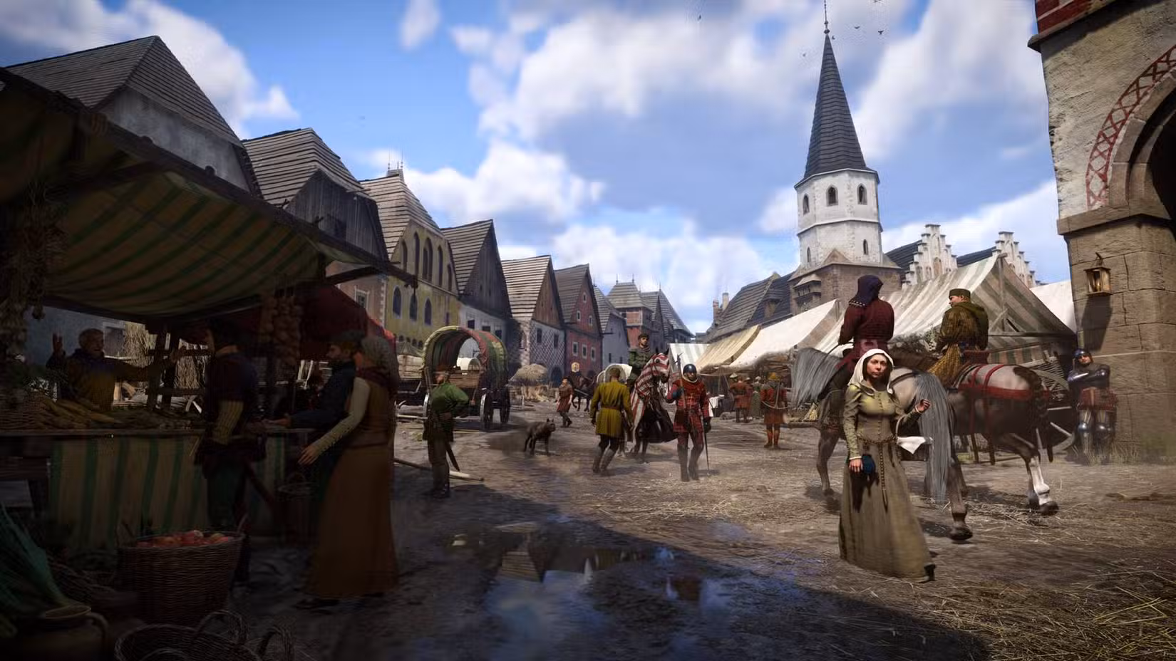 Um movimentado mercado municipal em Kingdom Come: Deliverance 2.