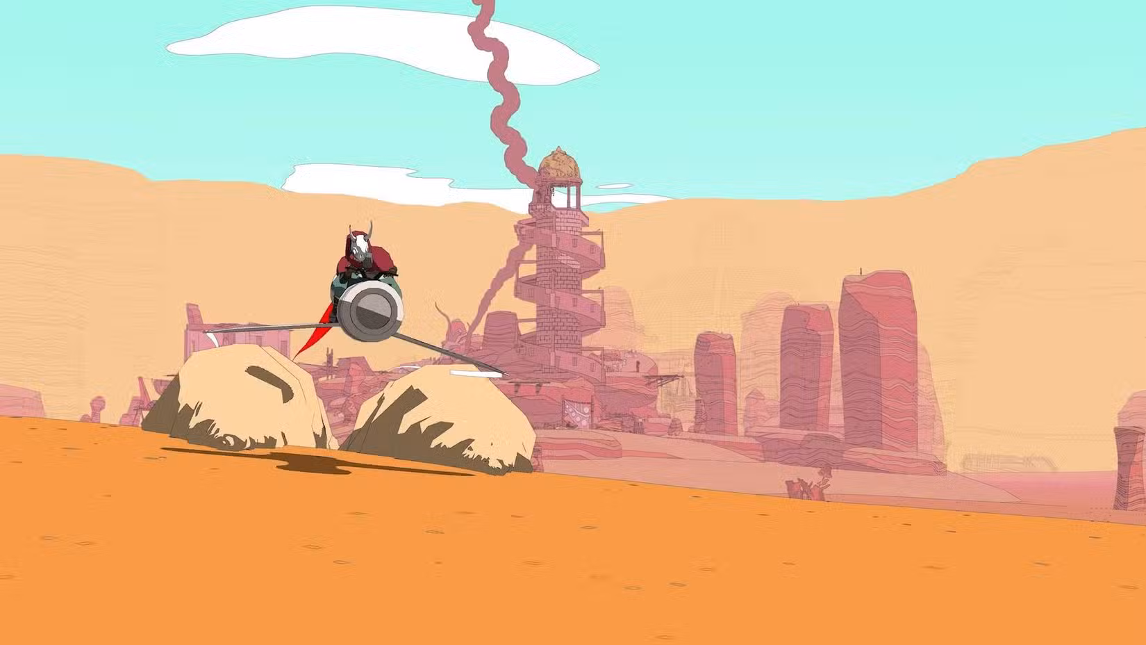 O protagonista andando de bicicleta flutuante pelo deserto em Sable.
