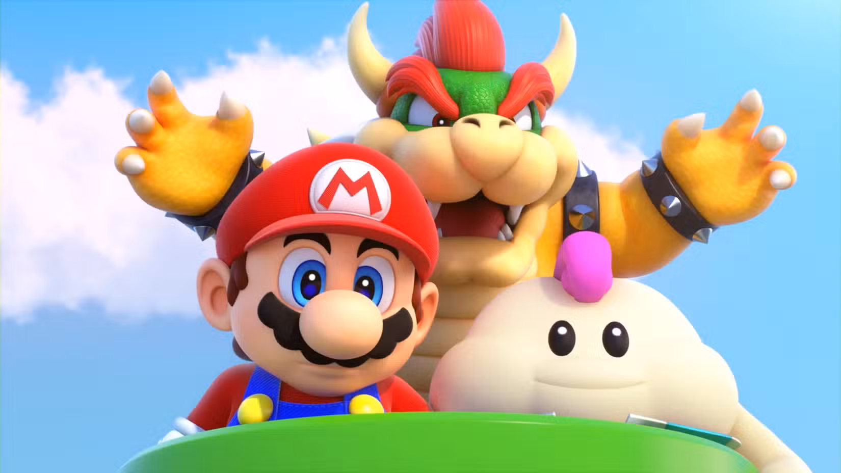 Mario, Bowser e Mallow descem do cano verde em que estão em uma captura de tela do remake de Super Mario RPG para Nintendo Switch