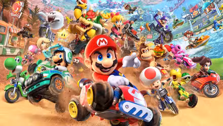 Arte de Mario Kart World mostrando uma enorme multidão de personagens, liderados por Mario