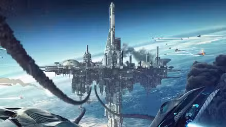 Uma estação espacial sobre um planeta é a ilustração do conto de Brandon Sanderson, Defending Elysium