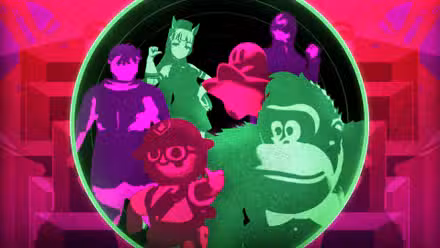 Donkey Kong, Kirby e mais personagens dos melhores jogos de 2025 contra um fundo gradiente rosa