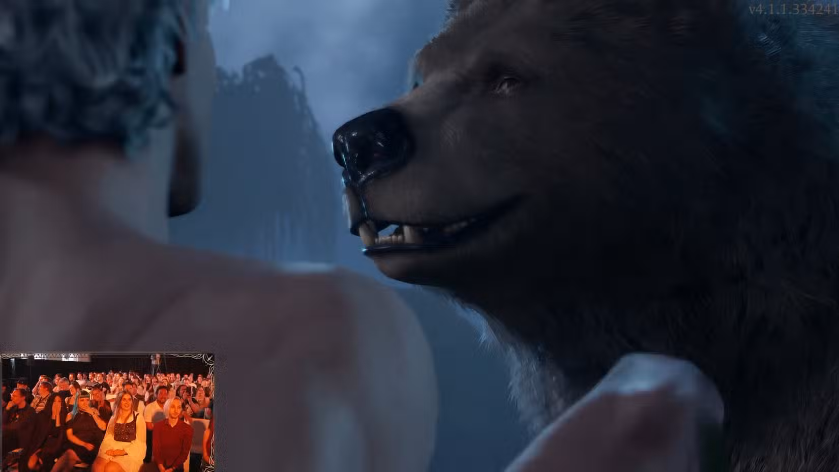 Uma captura de tela mostra um momento da cena de Baldur's Gate 3, onde Halsin, o druida, se aproxima, em forma de urso, para participar de sexo.