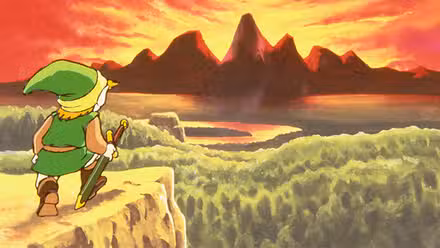 Um desenho à mão de Link ajoelhado e olhando para uma paisagem selvagem com o sol se pondo atrás das montanhas
