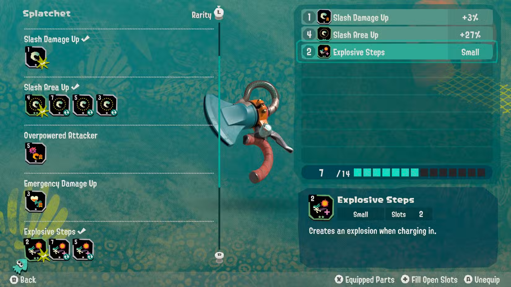 Uma tela de vantagens de arma aparece em Splatoon Raiders.
