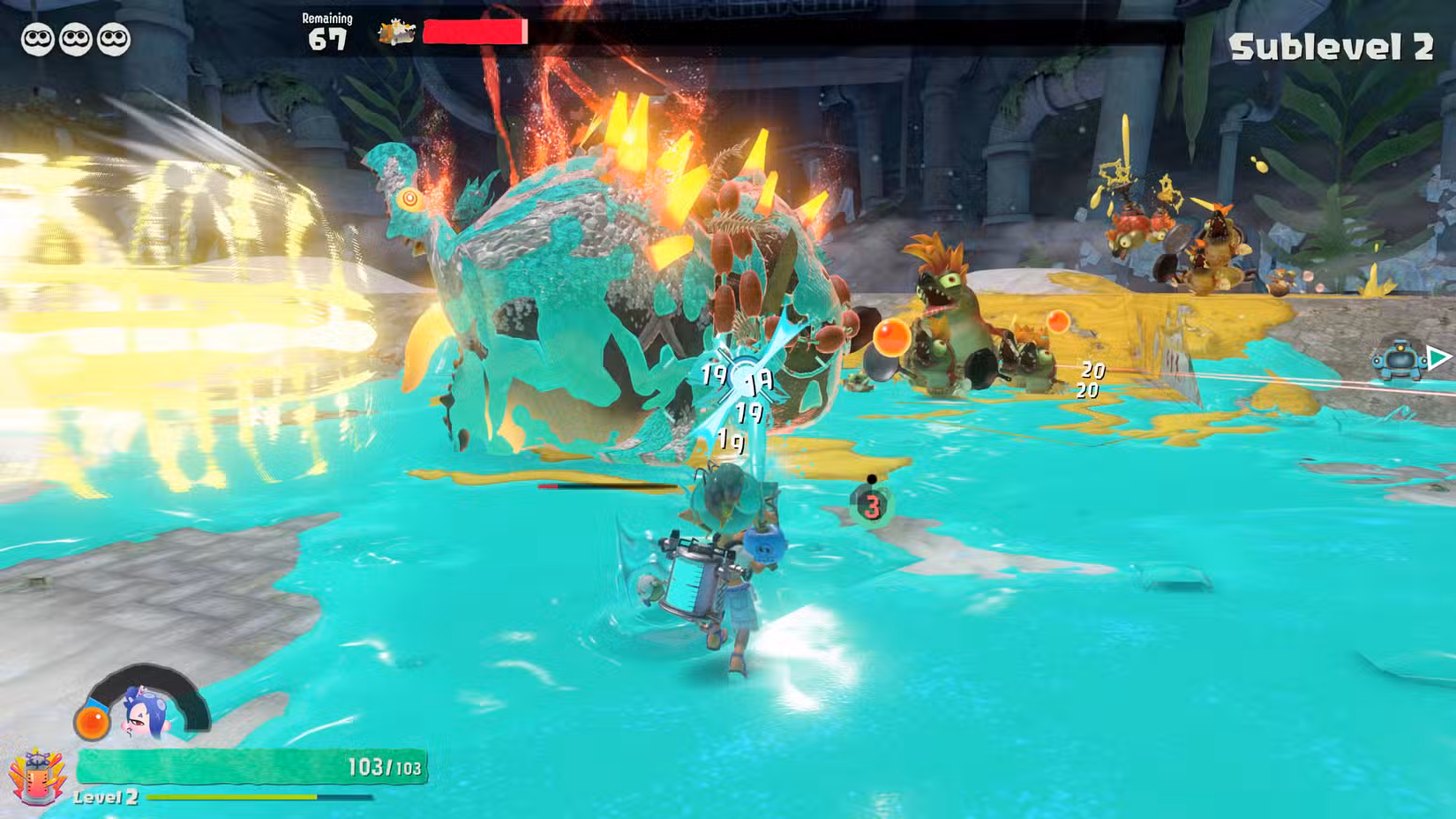 Um Inkling atira em Salmonídeos em um ataque em Splatoon Raiders.