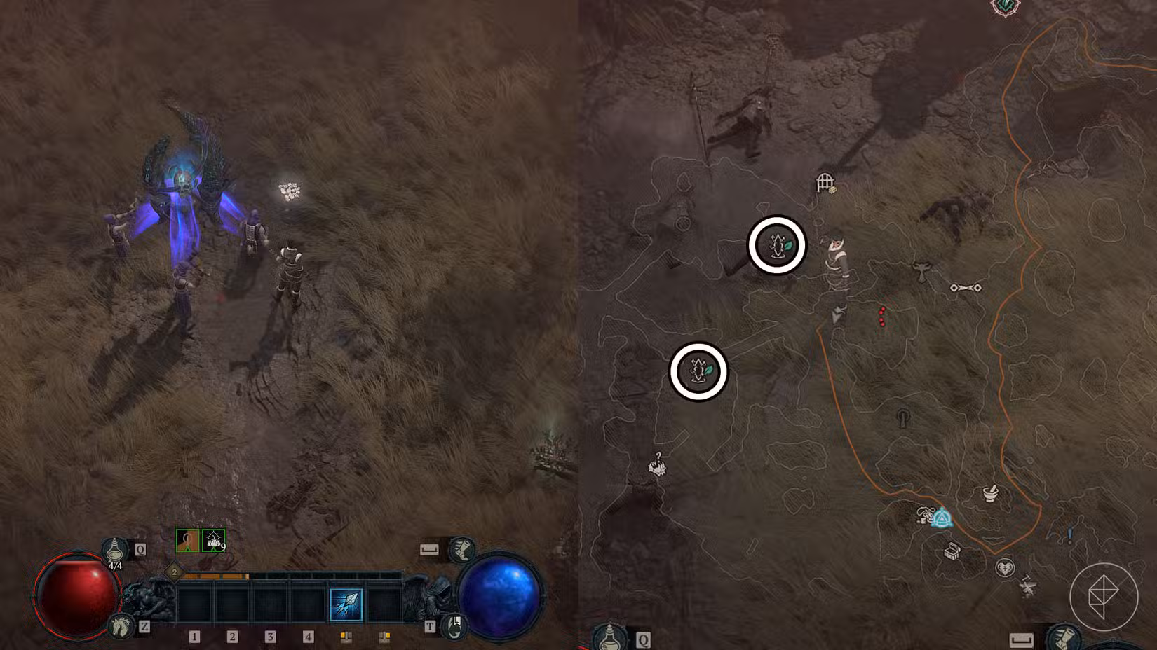 Uma montagem usando duas imagens de Diablo 4 mostrando onde localizar as rupturas durante a 14ª temporada