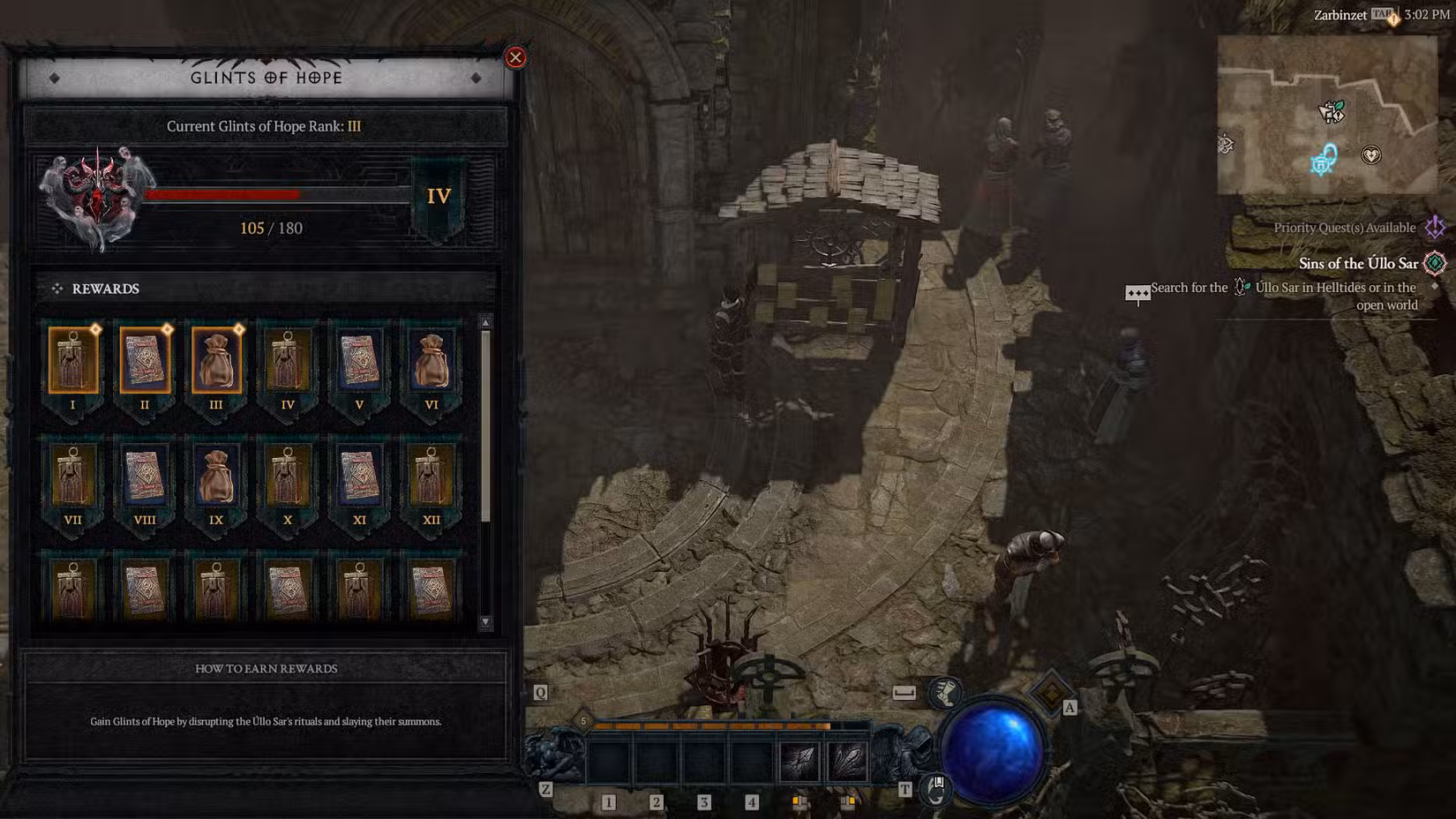 Uma captura de tela do Diablo 4 mostrando o quadro Glint of Hope