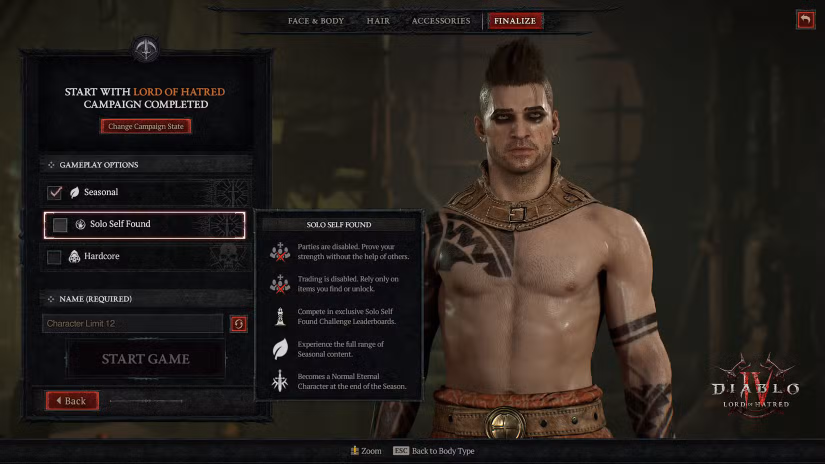 Uma captura de tela do Diablo 4 mostrando a tela de criação de personagem