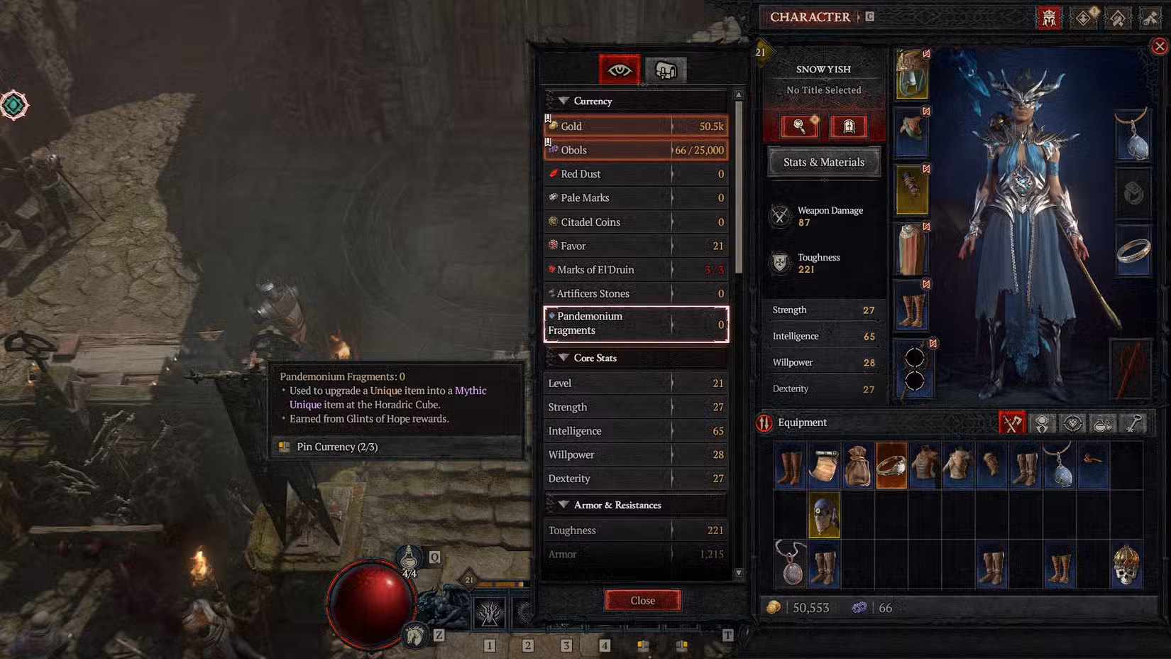 Uma captura de tela do Diablo 4 mostrando a guia de moeda e a descrição dos Fragmentos do Pandemônio