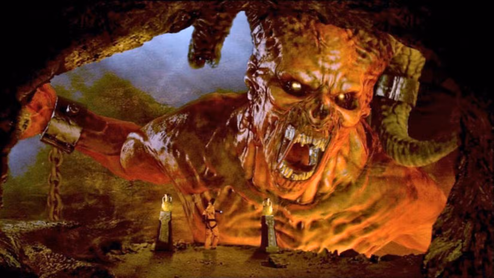 Imagem de Doctor Who de uma criatura gigante com chifres tentando atacar, mas ele está acorrentado.