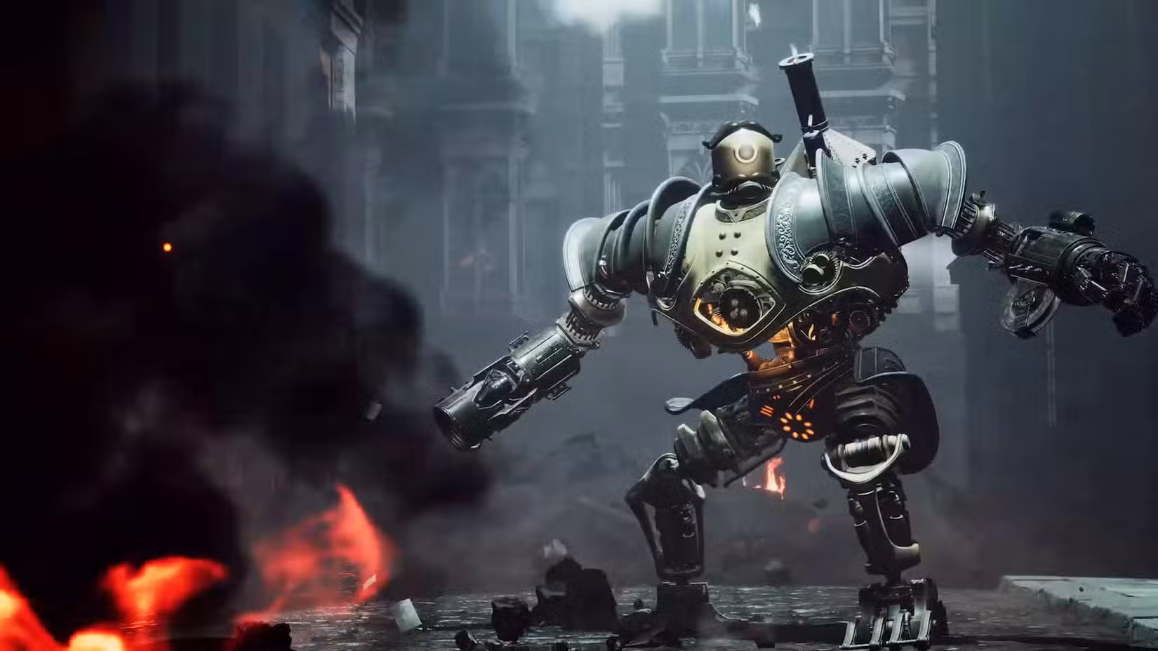 um grande robô steampunk em Clockwork Revolution