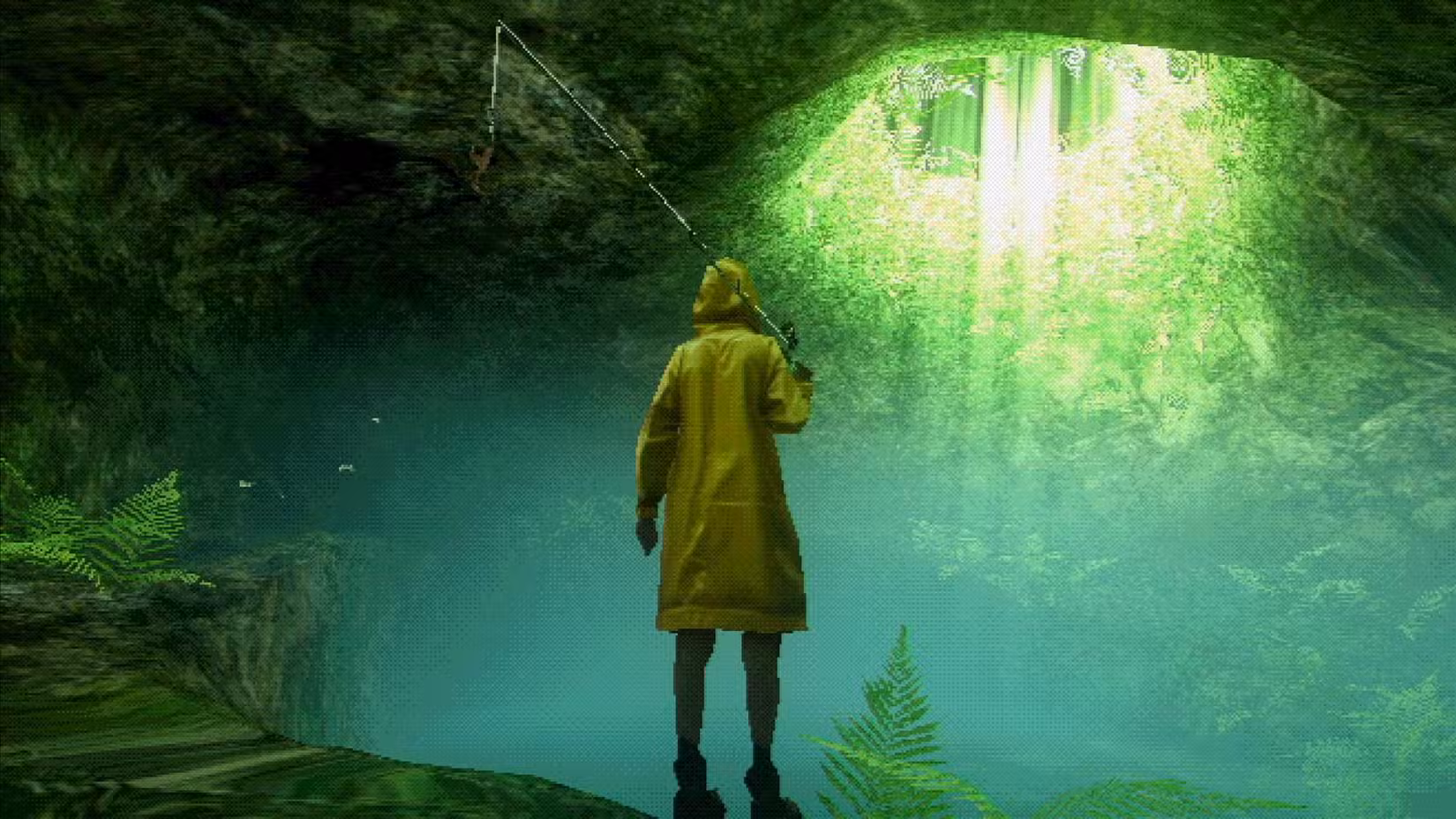 Um personagem vestindo uma capa de chuva amarela está com uma vara de pescar em uma caverna.