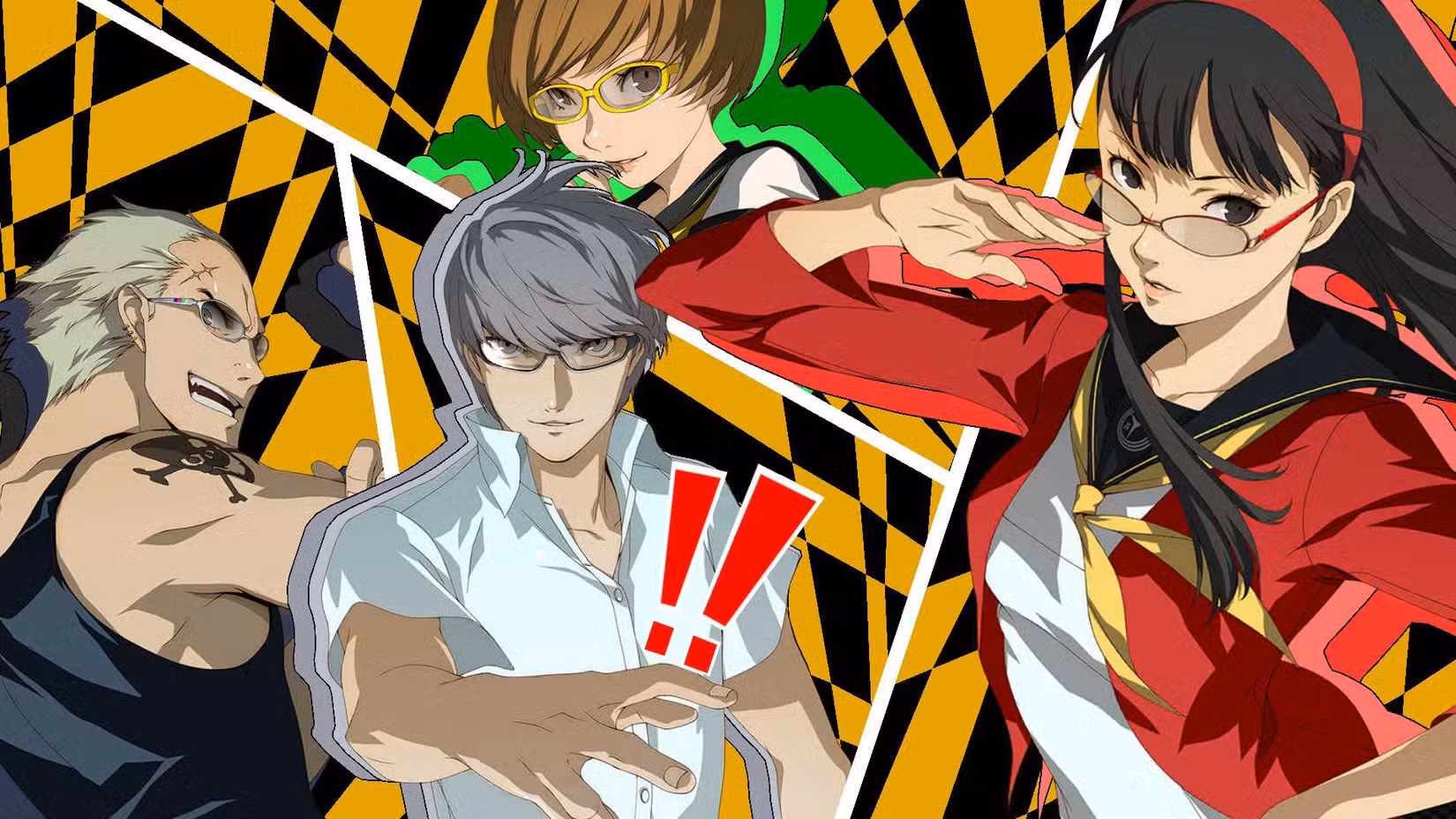 ataque total da persona 4 golden, apresentando kanji, chie, yukiko e o protagonista.