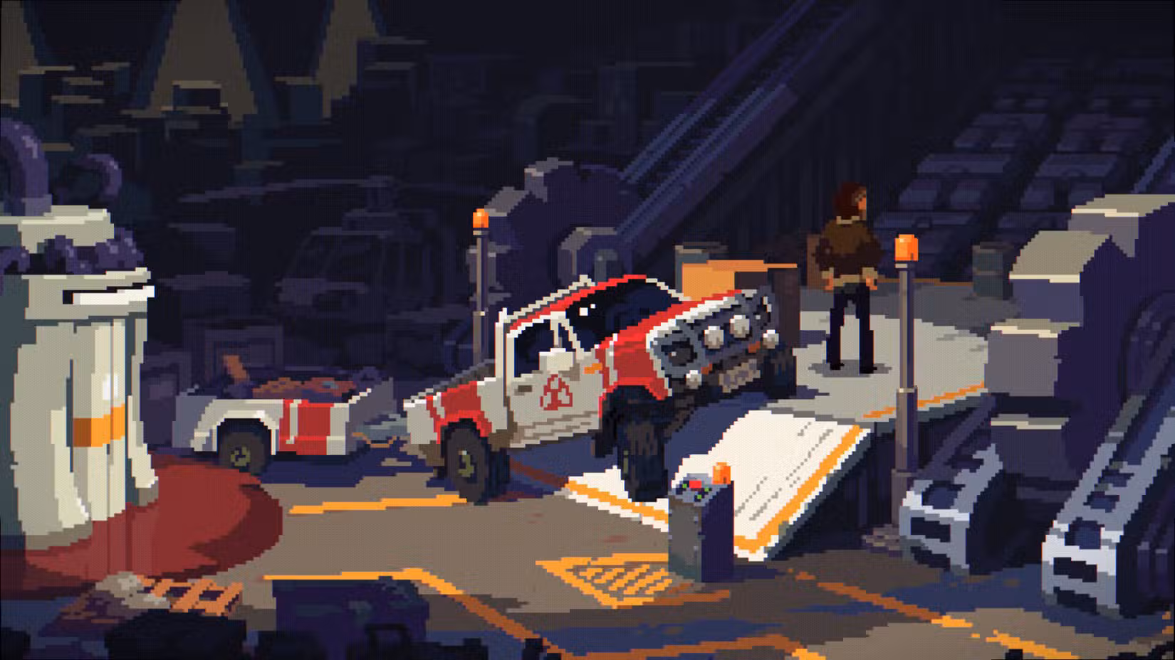 Cena de pixel art de um caminhão colidindo contra uma escada com um homem parado ao lado