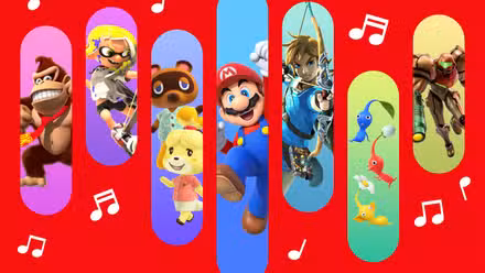Arte para o app Nintendo Music, mostrando Mario e outros personagens em um fundo vermelho cercado por notas musicais