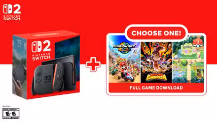 Um gráfico mostrando um Switch 2 com opções de Mario Kart World, Donkey Kong Bananza ou Pokémon Pokopia