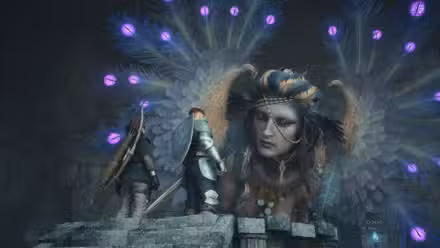 O personagem principal coloca o peão principal na frente da Esfinge no Riddle of Madness em Dragon's Dogma 2 para a missão principal “A Game of Wits”.