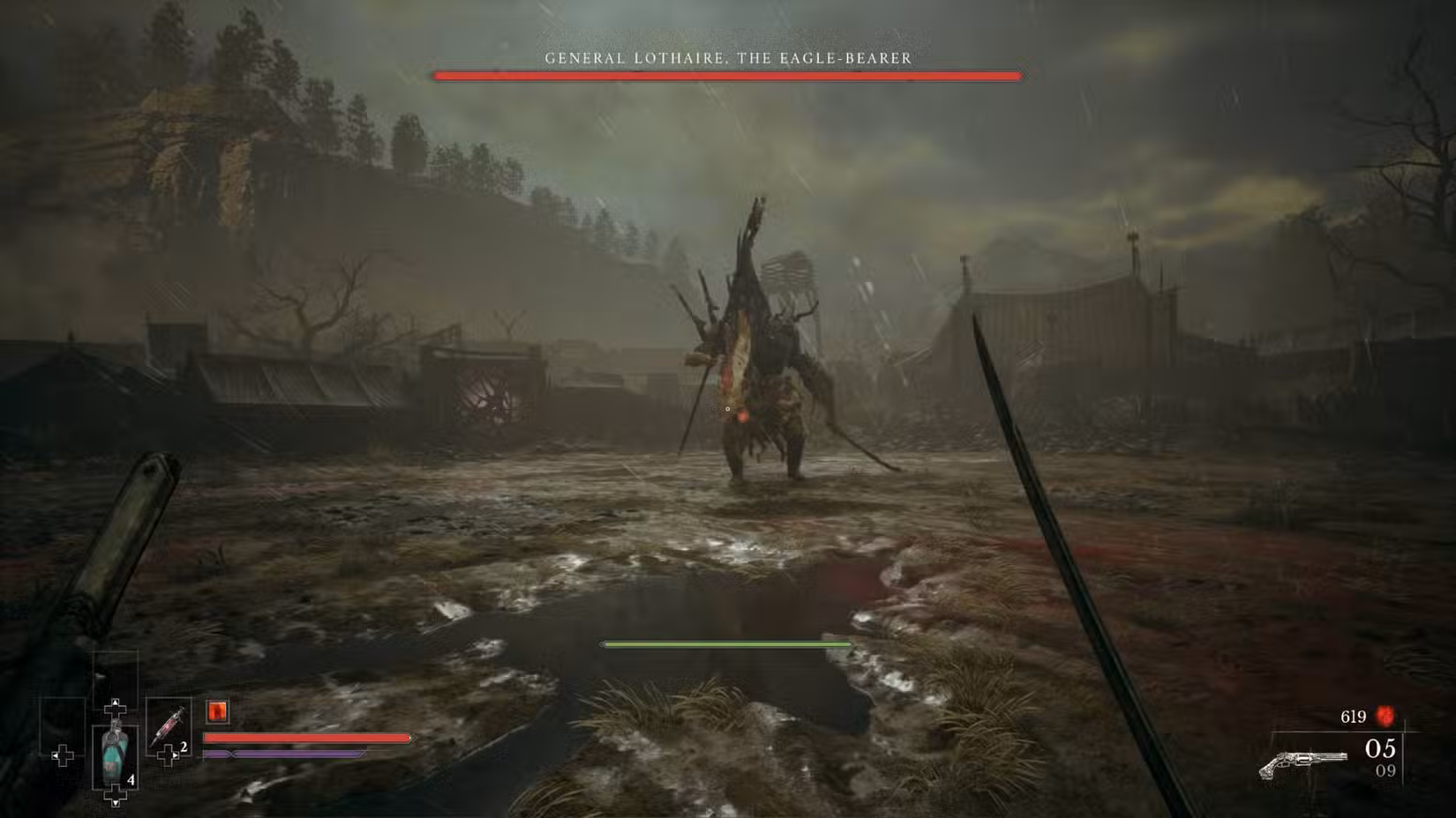 O jogador de Valor Mortis empunhando um cutelo, enfrentando o primeiro chefe da demo.