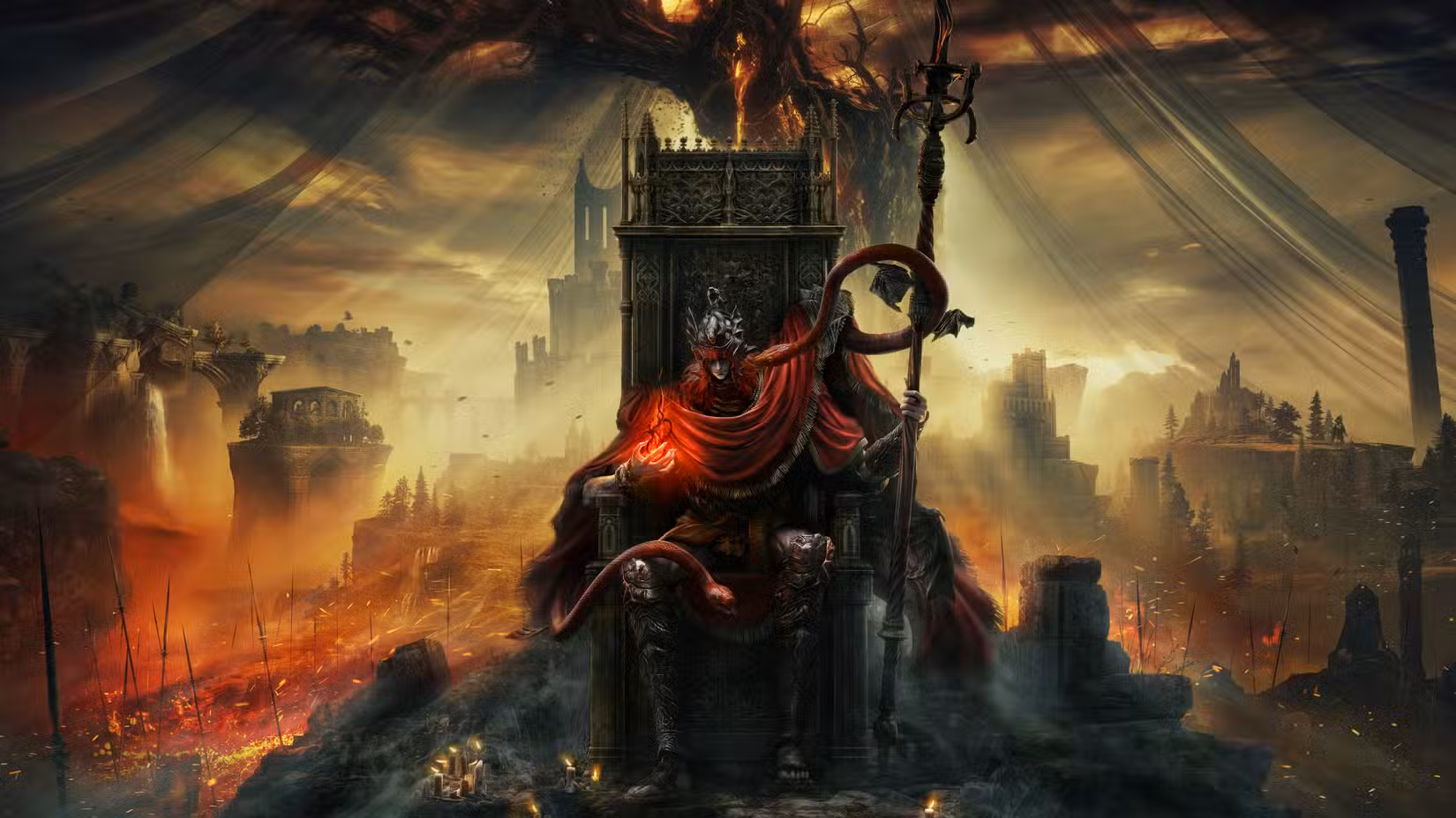 Messmer senta-se em um trono em frente a uma árvore gigante na arte principal dos guias e orientações do DLC Shadow of the Erdtree de Elden Ring.