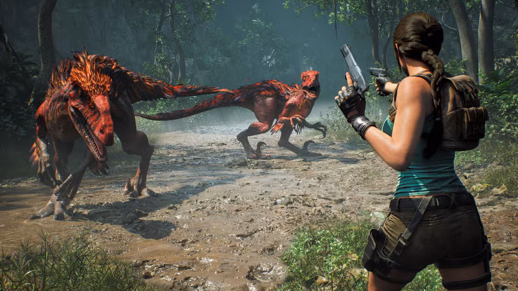 Dinossauros cercam Lara Croft em Tomb Raider: Legacy of Atlantis.