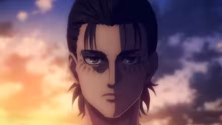 Um close de um homem de cabelos pretos (Eren) com uma expressão fria e determinada em Attack on Titan