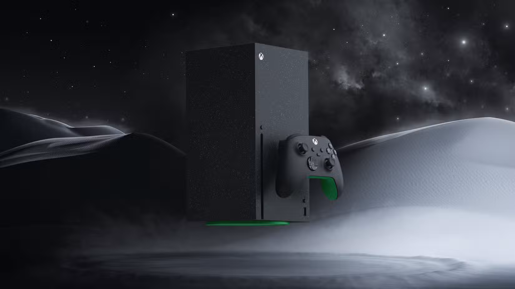 Um Xbox Series X preto com detalhes verdes