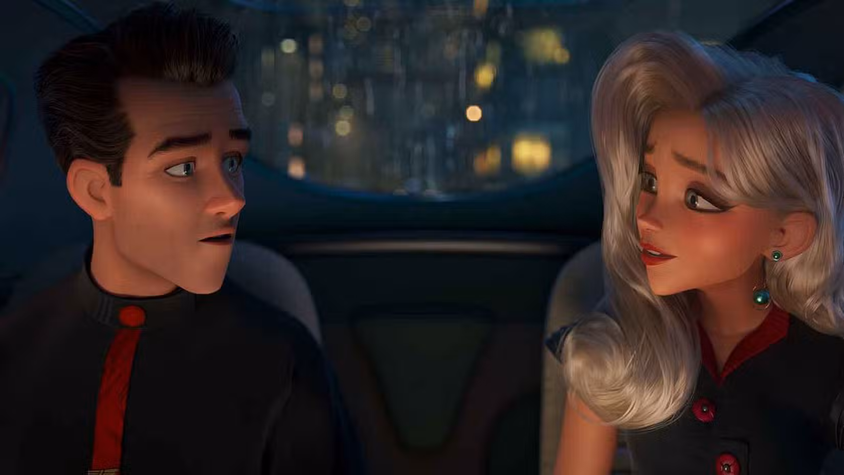 Oficial de Ray Gunn ainda, um homem e uma mulher sentados dentro de um carro olhando um para o outro