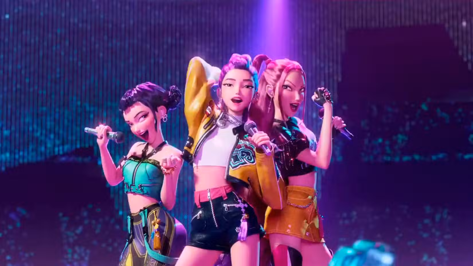 Huntrix do Kpop Demon Hunters no palco se apresentando.