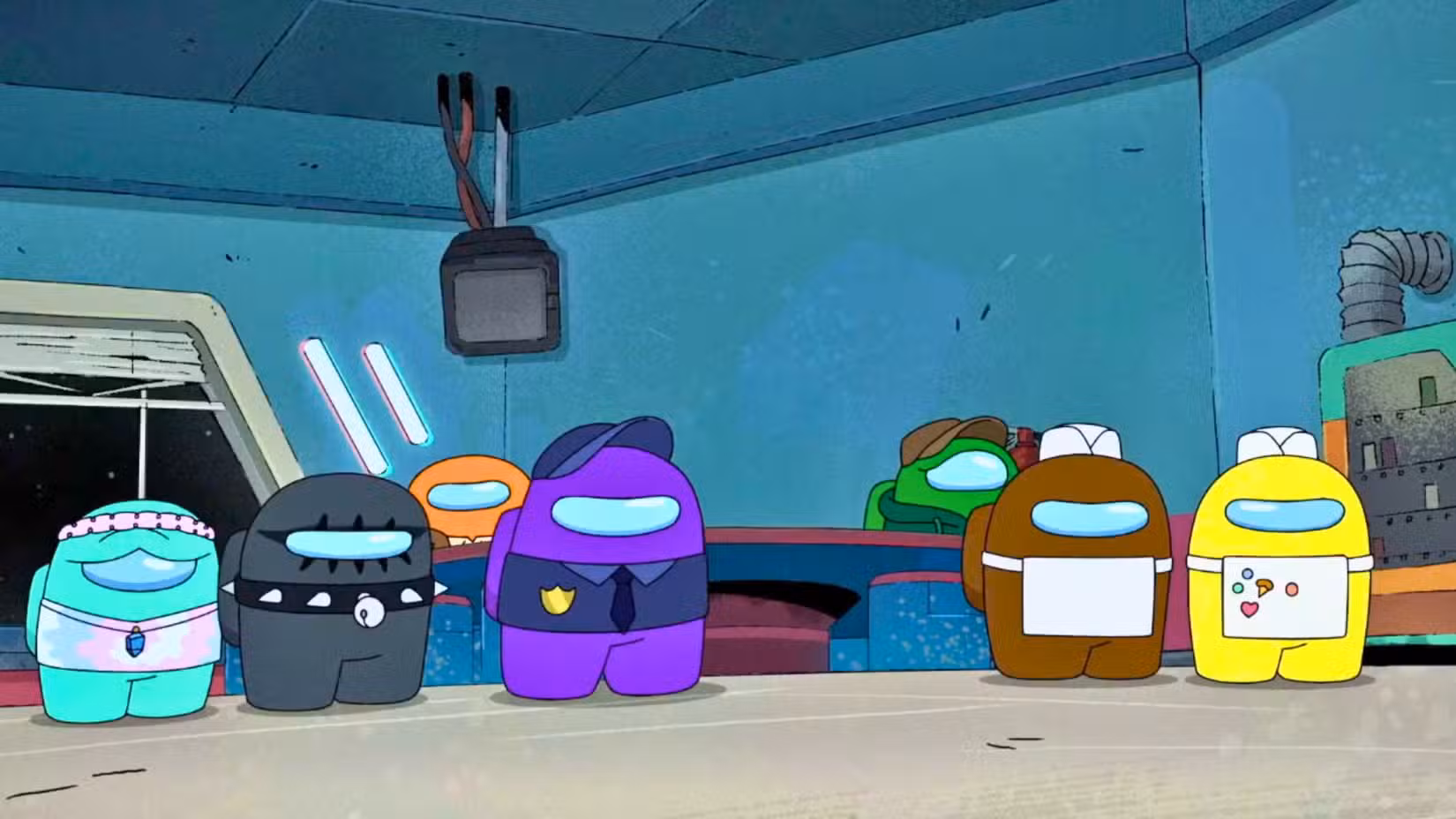 Uma imagem da adaptação da série de TV Among Us da Paramount. Ele apresenta manchas cromáticas multicoloridas olhando com desconfiança e tristeza para a câmera.