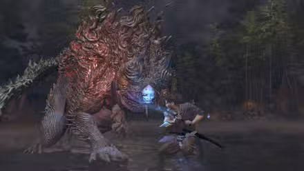 Musashi luta contra um Greater Nue em uma captura de tela de Onimusha: Way of the Sword