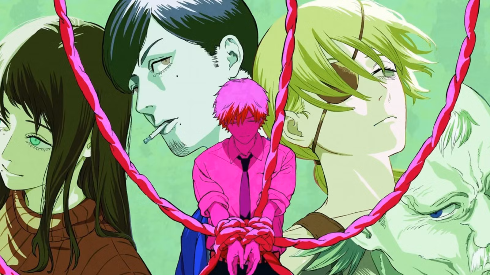 Um detalhe do visual principal de Chainsaw Man Assassins Arc 