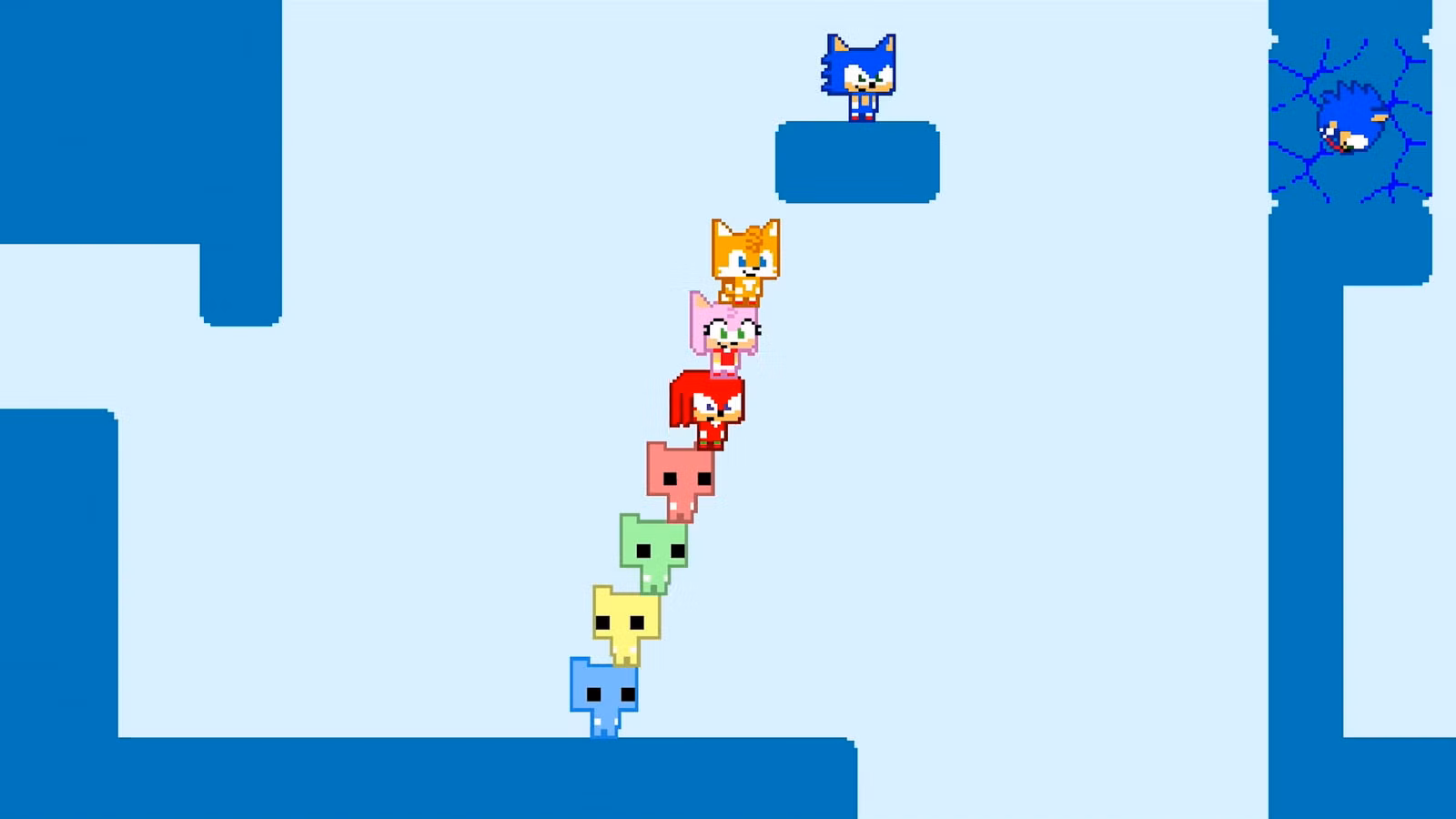 Personagens do Sonic Pico Park saltando em uma plataforma